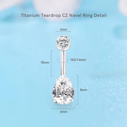 limerencia 14G G23 Anillo de titanio para ombligo con circonita cúbica pequeña en forma de lágrima 10mm, joya de perforación para ombligo roscada internamente (10 mm, circonita cúbica blanca)