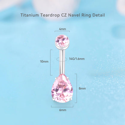 Anello ombelicale Limerencia 14G in titanio G23 con piccolo zircone a goccia, piercing ombelicale filettato interno 10mm (10mm, zircone rosa)
