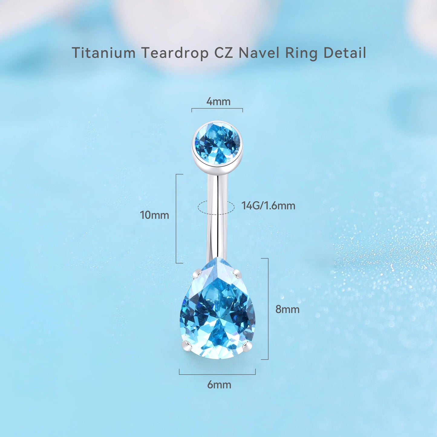 limerencia 14G G23 Titanium Belly Button Ring with Small Teardrop Cubic Zirconia 10mm Internally Threaded Navel Piercing Jewelry (10mm, Aquamarine)