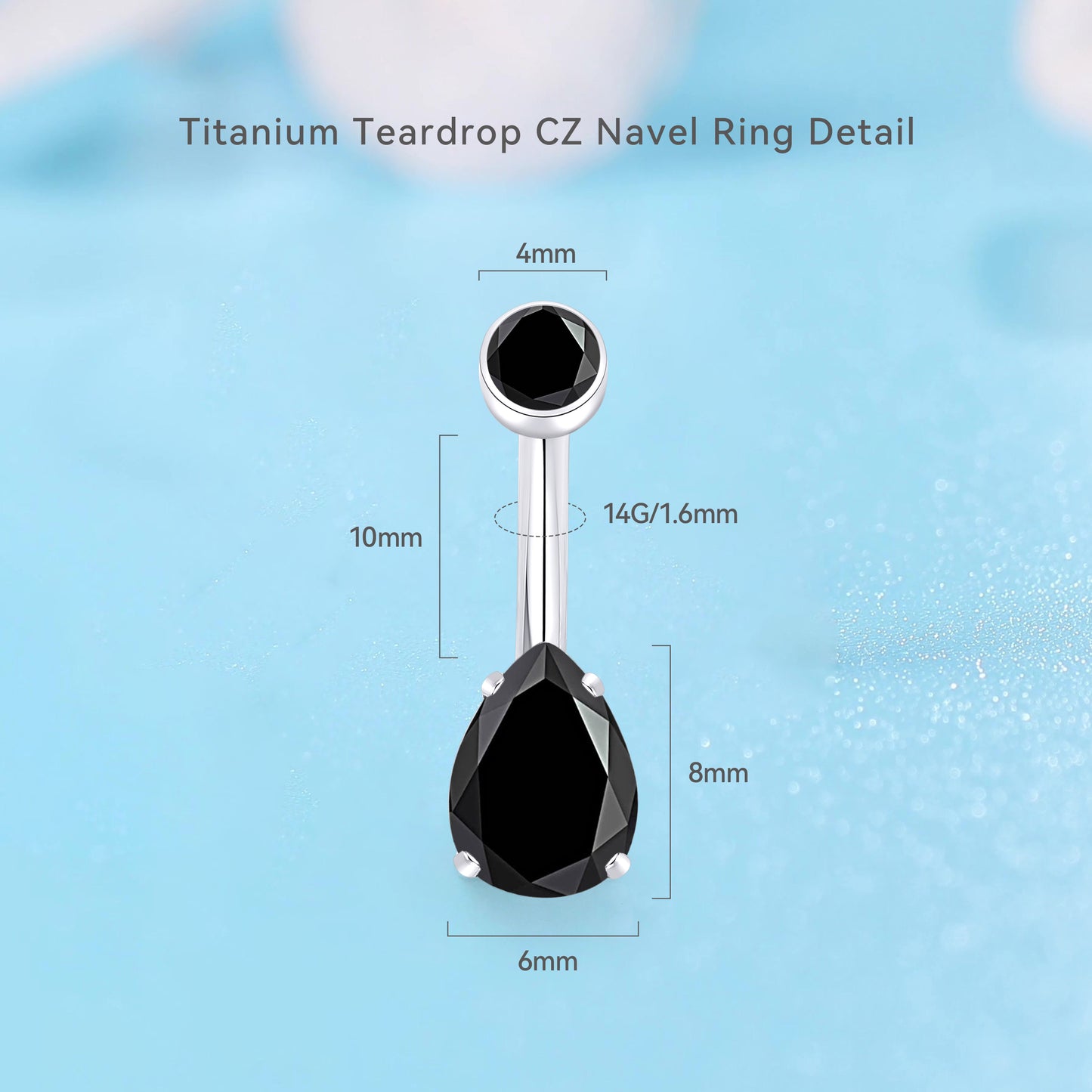 limerencia 14G G23 Titanium Belly Button Ring with Small Teardrop Cubic Zirconia 10mm Internally Threaded Navel Piercing Jewelry (10mm, Black CZ)