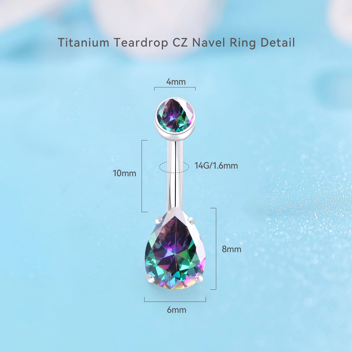 limerencia 14G G23 Titanium Belly Button Ring with Small Teardrop Cubic Zirconia 10mm Internally Threaded Navel Piercing Jewelry (10mm, Rainbow Quartz)