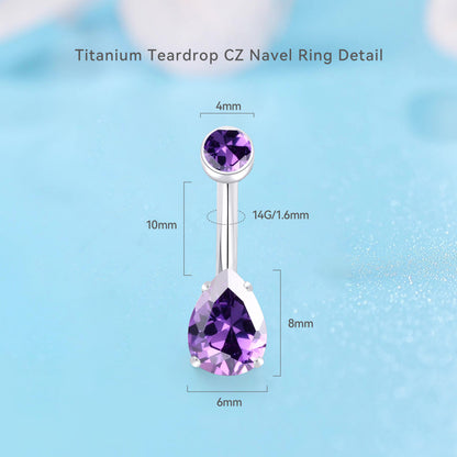 Limerencia Anneau de nombril en titane G23 14G avec petit zircon cubique en forme de goutte d’eau, bijou de piercing ombilical à filetage interne 10 mm (10 mm, zircon cubique violet)