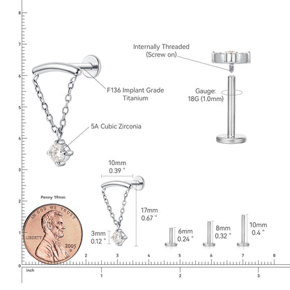 limerencia F136 Joyería Hipoalergénica de Titanio para Piercings 18G 6mm 8mm 10mm para Trago, Hélice, Conch, Cartílago, Labio, Aretes de Perno con Rosca Interna Grado Implante (Cadena 1ud)
