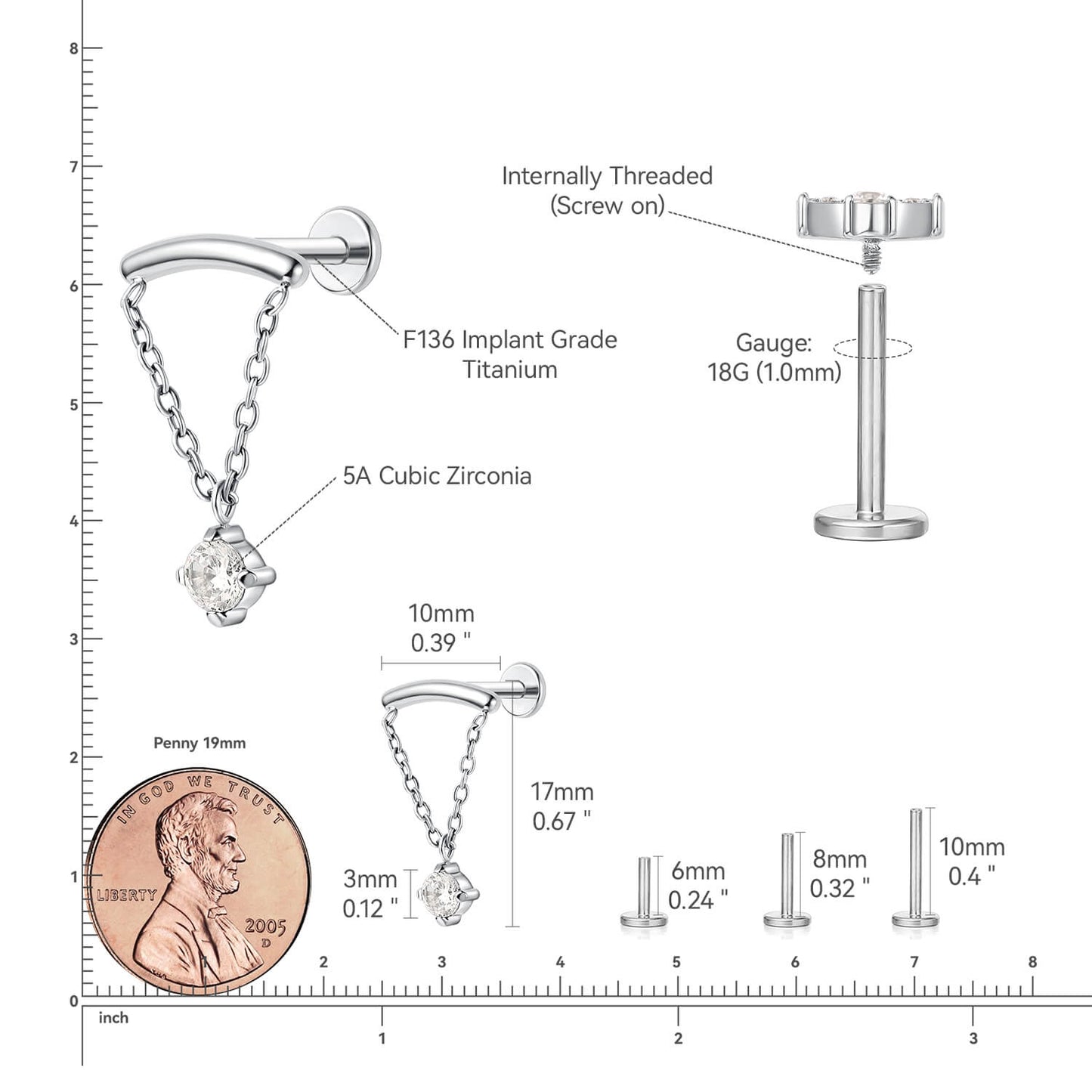 Limerencia 低アレルギーチタンピアス ASTM F136 規格 18G、ポスト 6mm/8mm/10mm、内ネジ式フラットバック、トラガス・ヘリックス・コンク・軟骨・鼻・リップ用ピアス (1 個入り)/ チェーン B