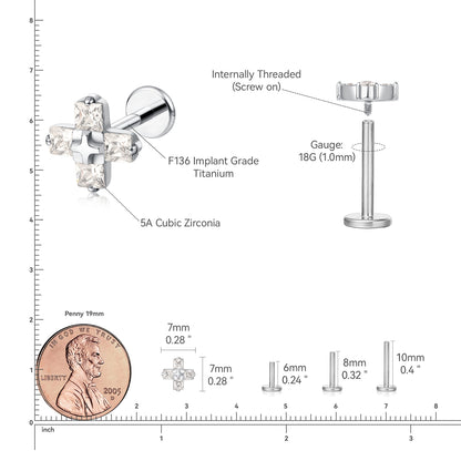 Limerencia gioielli piercing ipoallergenici in titanio F136 grado implantare, orecchini a perno con retro piatto e filettatura interna 18G, misure 6mm 8mm 10mm, adatti per trago, elice, conchiglia, cartilagine e labbro, modello Croce 1 pezzo