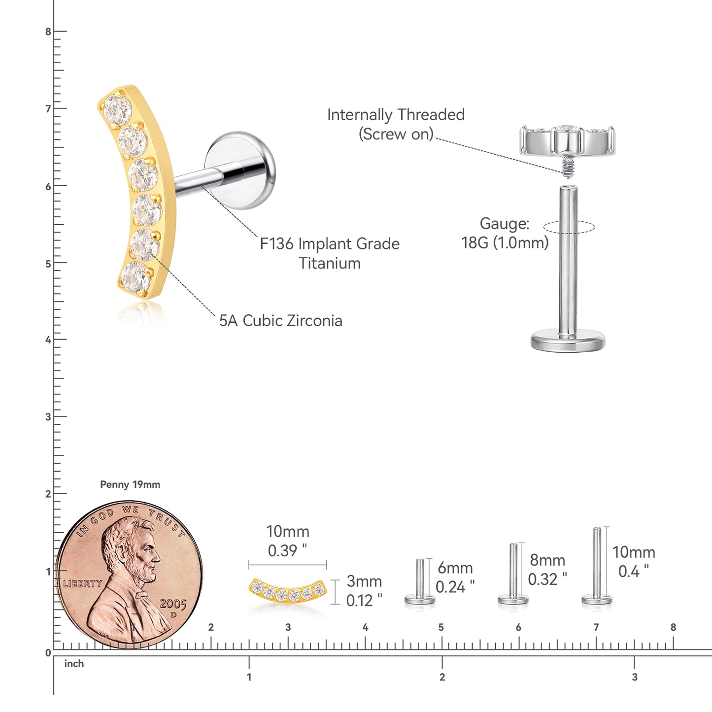 limerencia F136 Titanium Hypoallergenic Piercing Jewelry 18G 6mm 8mm 10mm For Tragus,Helix,Conch,Cartilage,Lip,Implant Grade Flat Back Internally Threaded Stud Earrings (climber 1pc)