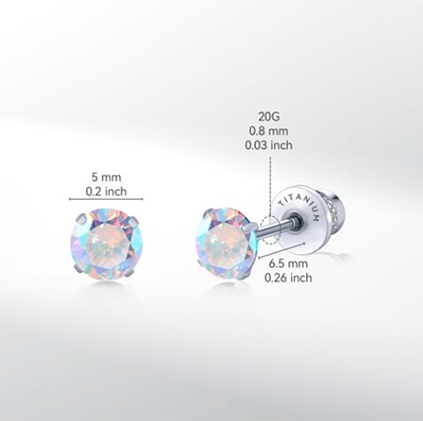 Limerencia Hypoallergenic G23 Implant Grade Titanium Screw Back Earrings Tragus 20G Helix F136 Piercing Post for Sensitive Ears Simulated Diamond Cartilage (5 mm, Aurora Borealis)