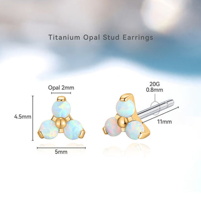 Boucles d'Oreilles Minimalistes en Titane Pur F136 Hypoallergénique Limerencia, Assemblage Triple Trinity Trèfle, Bijou de Piercing Grade Implantable G23 pour Oreilles Sensibles (Trinity Opale, Argenté)
