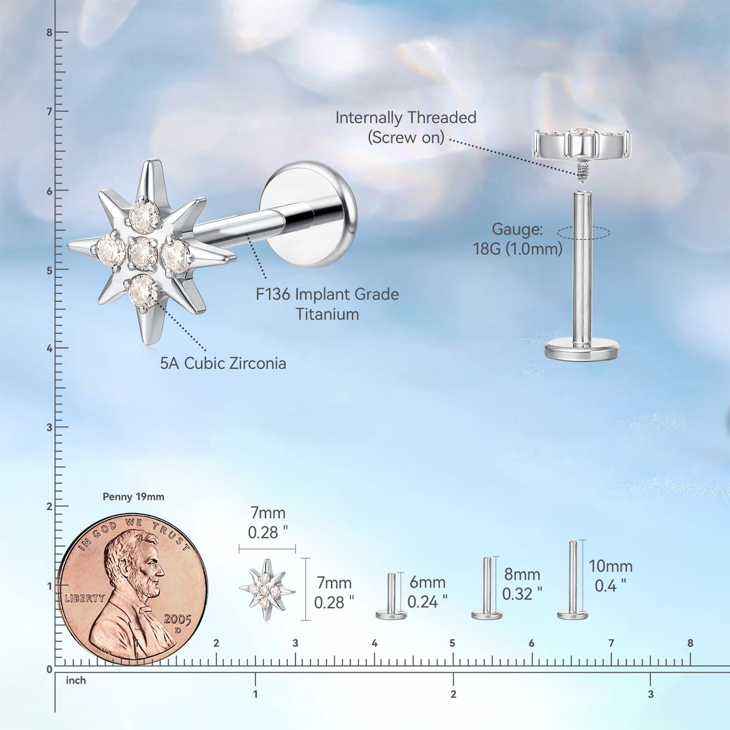 limerencia Pure Titanium F136 Hypoallergenic Piercing Jewelry,Flat Back Internally Threaded Stud Earring 18g for Cartilage/Tragus/Helix/Conch/Nose/Lip (star 1pc)