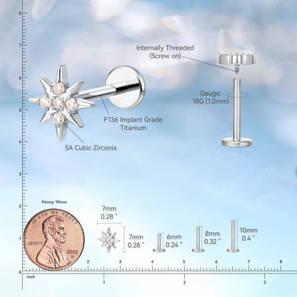 Limerencia Clou d'Oreille à Motif Étoile, Titane Pur F136 Hypoallergénique, Filetage Interne Dos Plat 18G, Piercing pour Cartilage, Tragus, Hélix, Conque, Nez et Lèvre, 1 Pièce