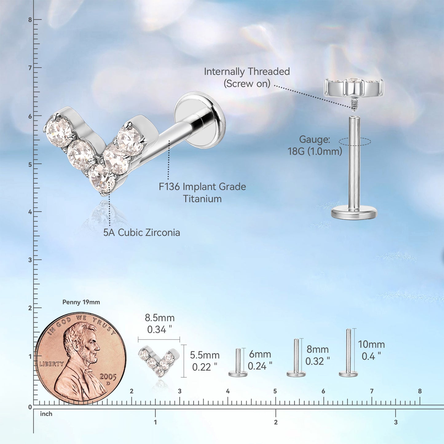 limerencia Pure Titanium F136 Hypoallergenic Piercing Jewelry,Flat Back Internally Threaded Stud Earring 18g for Cartilage/Tragus/Helix/Conch/Nose/Lip (V 1pc)