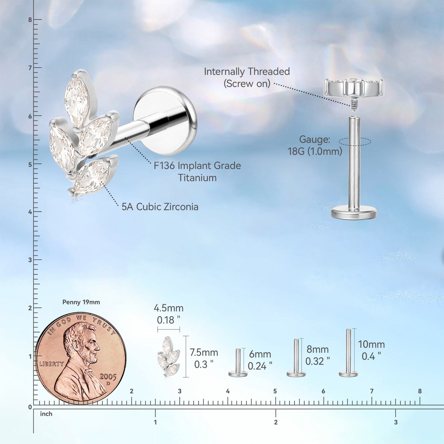 limerencia Pure Titanium F136 Hypoallergenic Piercing Jewelry,Flat Back Internally Threaded Stud Earring 18g for Cartilage/Tragus/Helix/Conch/Nose/Lip (Leaf 1pc)