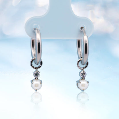 Limerencia Hypoallergenic Pure Titanium Post Lightweight Dangle Huggie Earrings for Women | Vertical Bar, Cross, Moon, Lightning | Dainty Earrings (CZ Pearl)