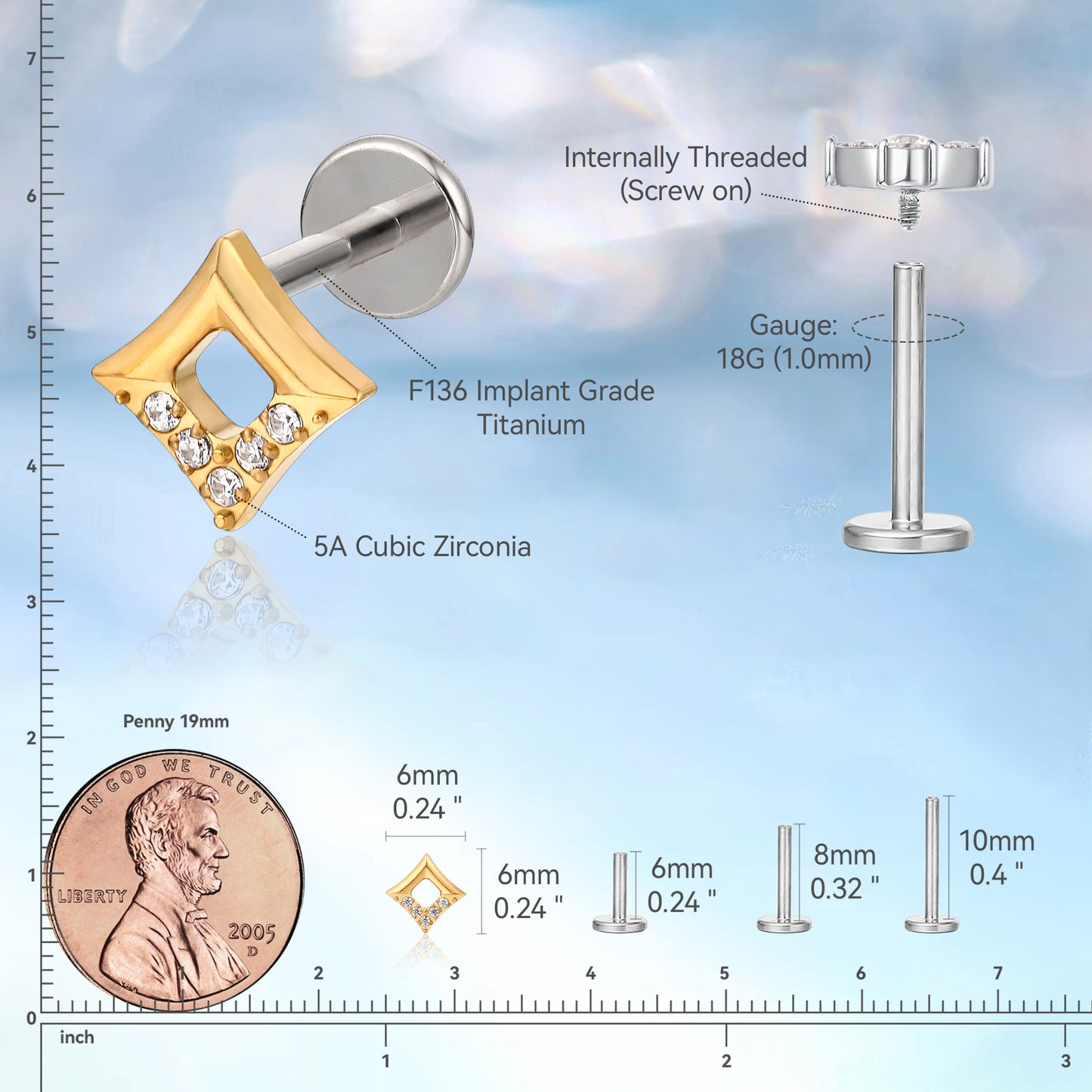 limerencia Pure Titanium F136 Hypoallergenic Piercing Jewelry,Flat Back Internally Threaded Stud Earring 18g for Cartilage/Tragus/Helix/Conch/Nose/Lip (square 1pc)