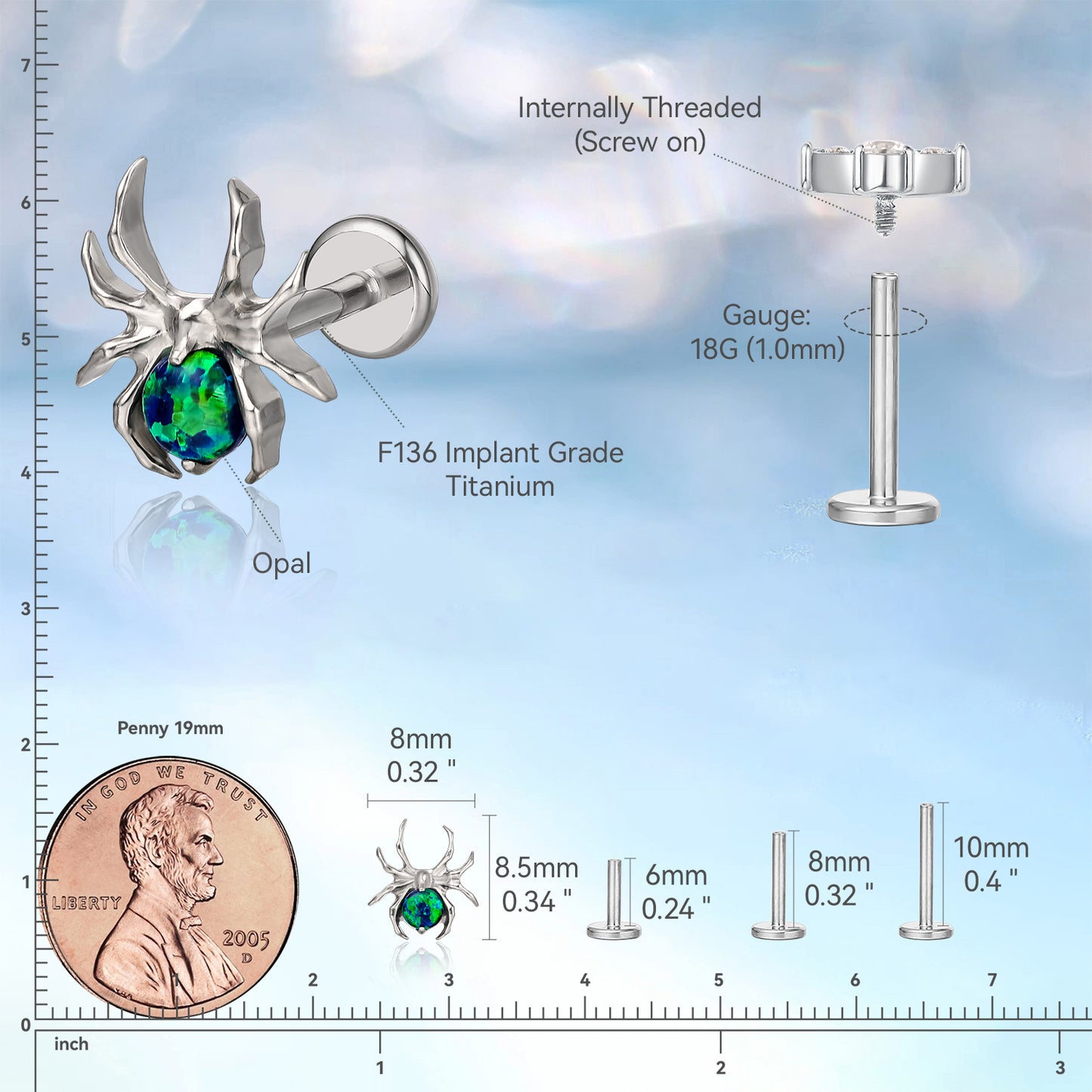 limerencia Hypoallergenic Titanium ASTM F136-18G 6mm 8mm 10mm Flat Back Internal Thread Stud Earring Piercing Jewelry for Tragus Helix Conch Cartilage Nose Lip (spider 1pc)