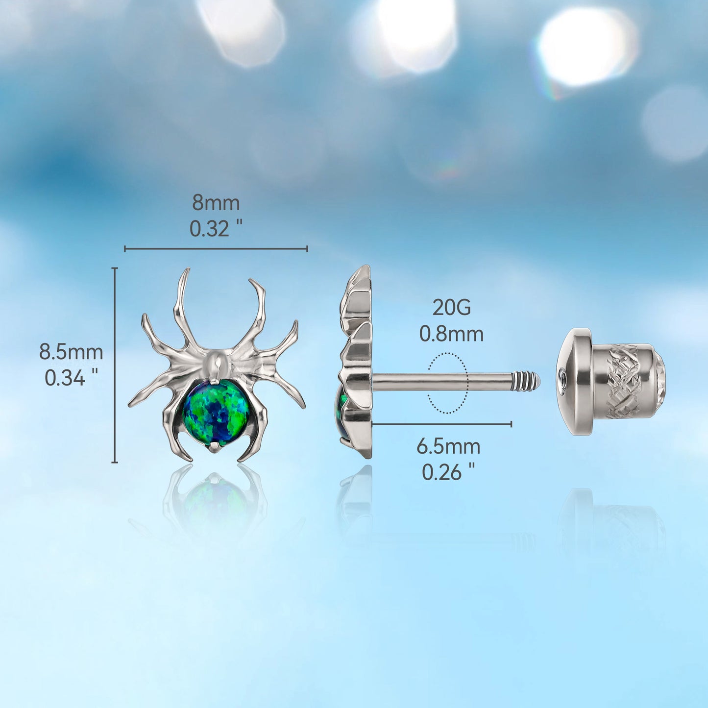 Limerencia Hypoallergenic G23 Implant Grade Titanium Screw Back Earrings Tragus 20G Helix F136 Piercing Post for Sensitive Ears Cartilage(spider)