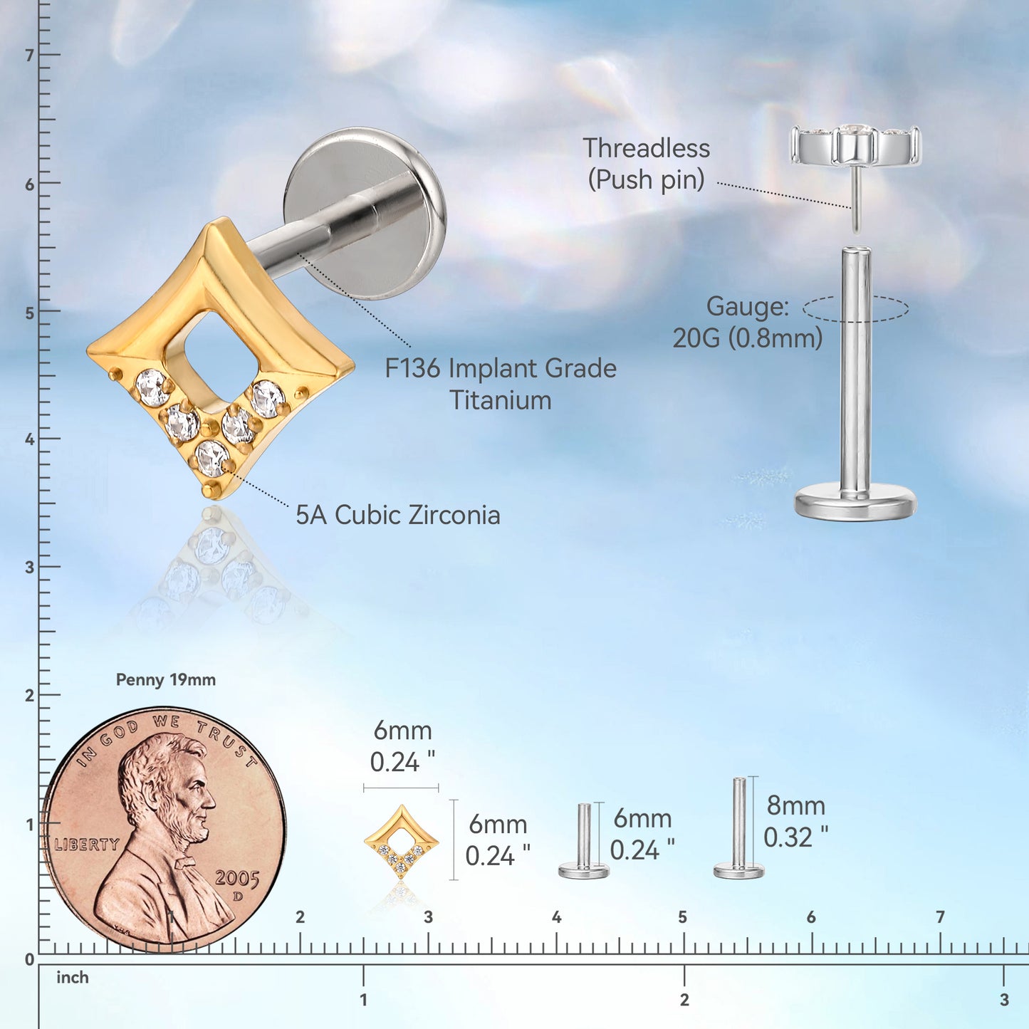 limerencia F136 Hypoallergenic Titanium 20g 6mm 8mm Flat Back Stud | G23 Implant Grade Press Fit Threadless Earrings Push Pin Tragus Cartilage Helix Conch Nose Labret Piercing Jewelry(square 1pc)