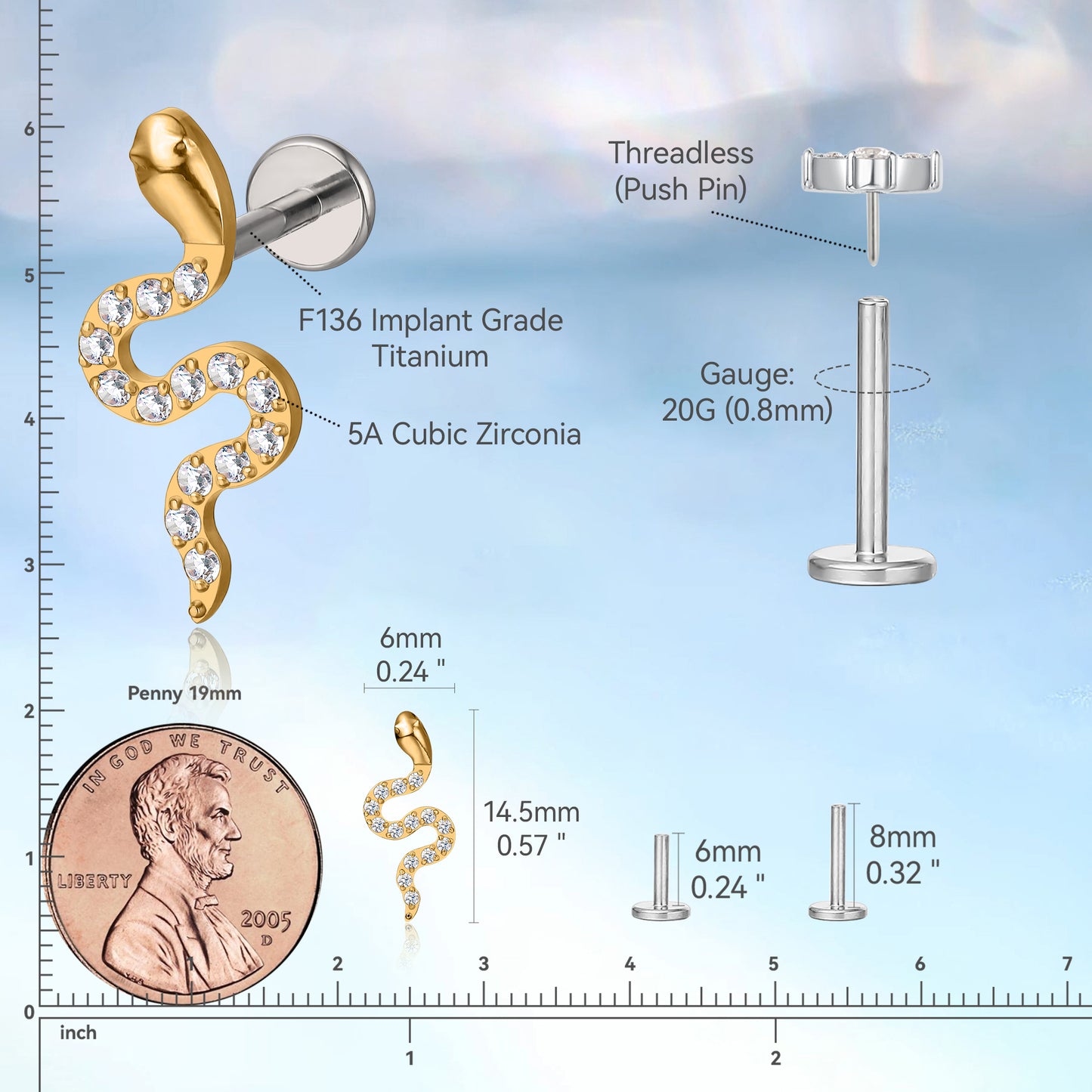 limerencia F136 Hypoallergenic Titanium 20g 6mm 8mm Flat Back Stud | G23 Implant Grade Press Fit Threadless Earrings Push Pin Tragus Cartilage Helix Conch Medusa Labret Piercing Jewelry(snake 1pc)