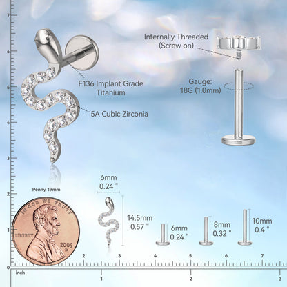 Limerencia Gioielli per piercing in titanio F136 grado implantare, orecchini a serpente retro piatto con filettatura interna 18G 6mm 8mm 10mm, adatti per cartilagine, trago, elice, conchiglia, naso e labbro (1 pezzo)
