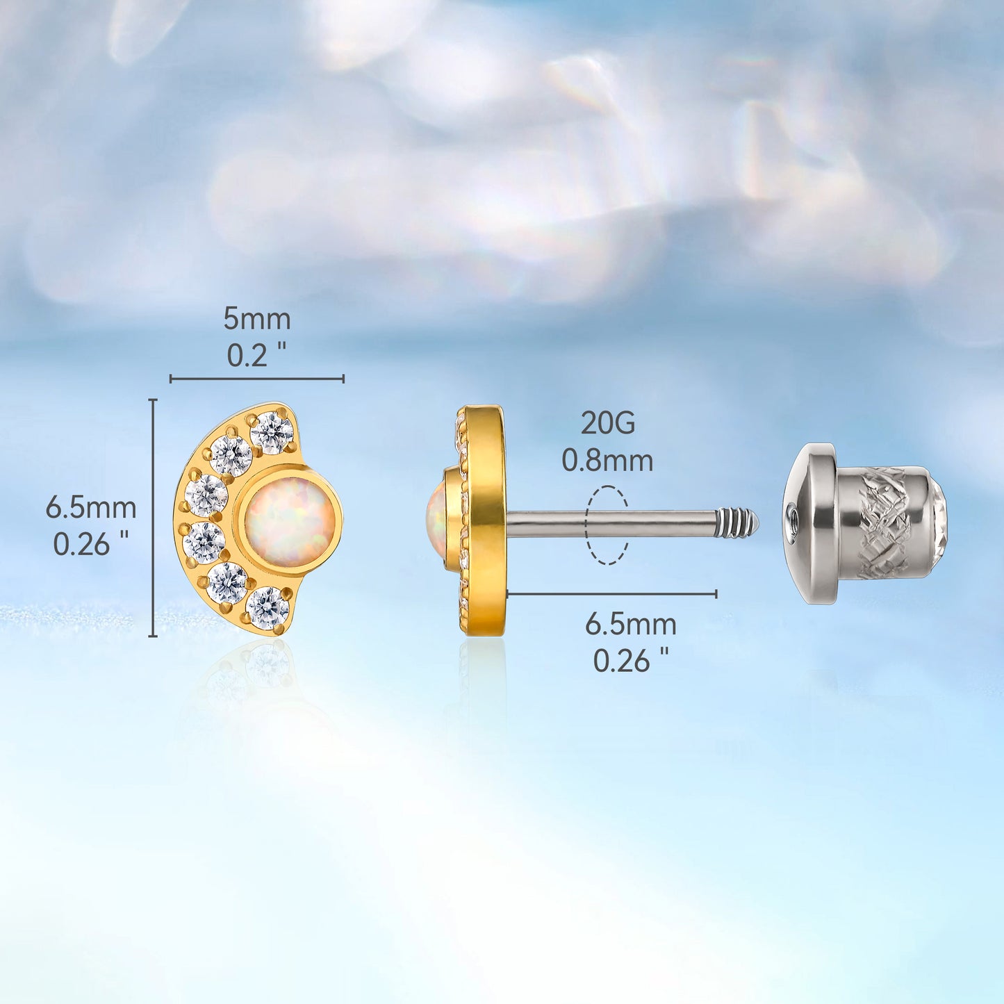 Limerencia Hypoallergenic G23 Implant Grade Titanium Screw Back Earrings Tragus 20G Helix F136 Piercing Post for Sensitive Ears Cartilage(sun moon gold)