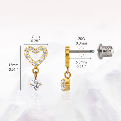 Limerencia Pendientes Hipoalergénicos de Titanio G23 de Grado Implante con Cierre de Rosca Tragus 20G Hélice F136 Poste de Piercing para Orejas Sensibles Cartílago (corazón)