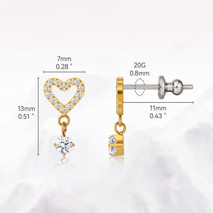 Limerencia F136 Pure Titanium Hypoallergenic Implant Grade Studs, G23 Small Dainty Cubic Zirconia Earrings for Women's Sensitive Ears(heart drop)