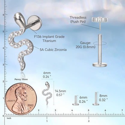 limerencia F136 Titanio Hipoalergénico 20g 6mm 8mm Stud de Parte Trasera Plana | Pendientes sin Rosca de Grado de Implante G23 de Ajuste a Presión para Tragus Cartílago Helix Conch Medusa Joyería para Piercing de Labret (serpiente 1ud)