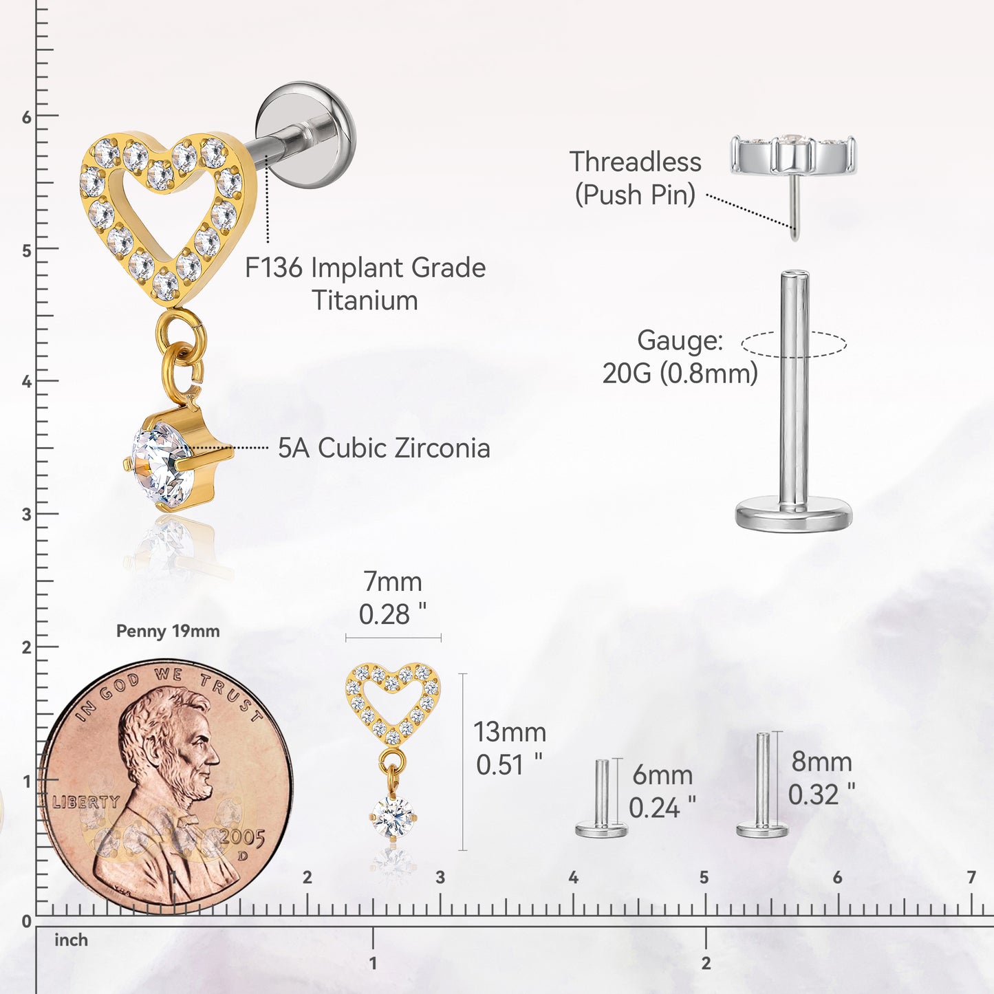 limerencia F136 Hypoallergenic Titanium 20g 6mm 8mm Flat Back Stud | G23 Implant Grade Press Fit Threadless Earrings Push Pin Tragus Cartilage Helix Conch Piercing Jewelry(heart 1pc)