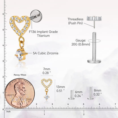 limerencia F136 Titanio hipoalergénico 20g 6mm 8mm Pendiente plano | G23 Grado de implante Ajuste a presión Pendientes sin rosca Con pasador Perforación de tragus cartílago hélice concha (corazón 1ud)