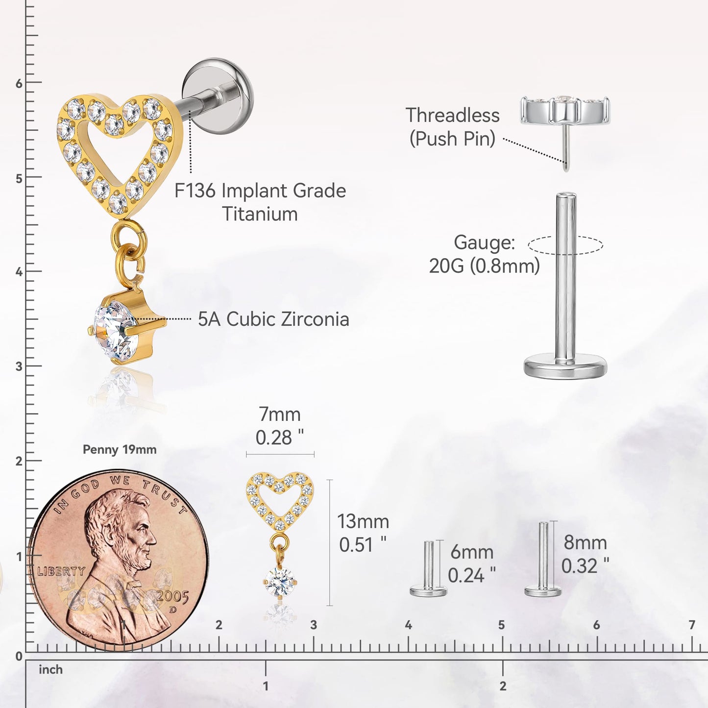 Limerencia Piercing Cuore Titanio F136 Ipoallergenico 20G 6mm 8mm Retro Piatto, Orecchini Senza Filettatura Inserimento G23 Grado Implantare per Trago, Cartilagine, Helix e Conchiglia (1 Pezzo)