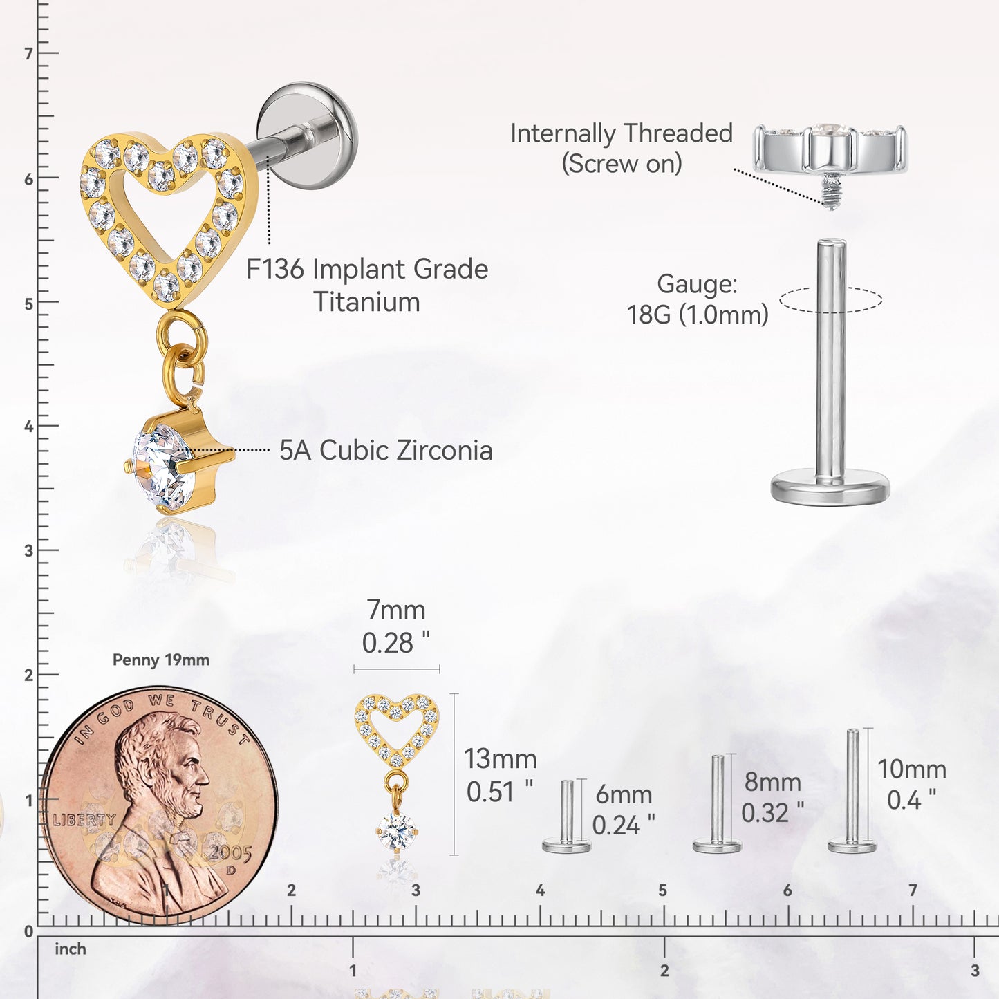 Limerencia Pure Titanium F136 Hypoallergenic Piercing Jewelry,Flat Back Internally Threaded Stud Earring 18g for Cartilage/Tragus/Helix/Conch/Nose/Lip (heart 1pc)