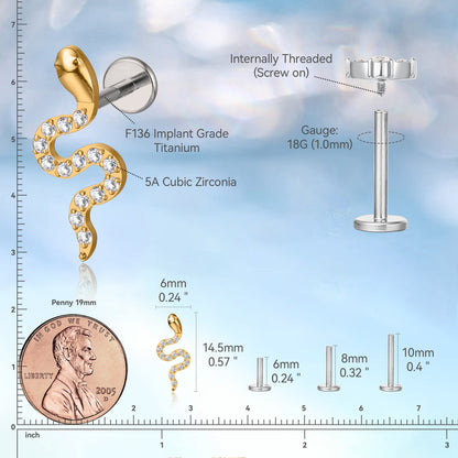 Limerencia Gioielli per piercing in titanio F136 grado implantare, orecchini a serpente retro piatto con filettatura interna 18G 6mm 8mm 10mm, adatti per cartilagine, trago, elice, conchiglia, naso e labbro (1 pezzo)