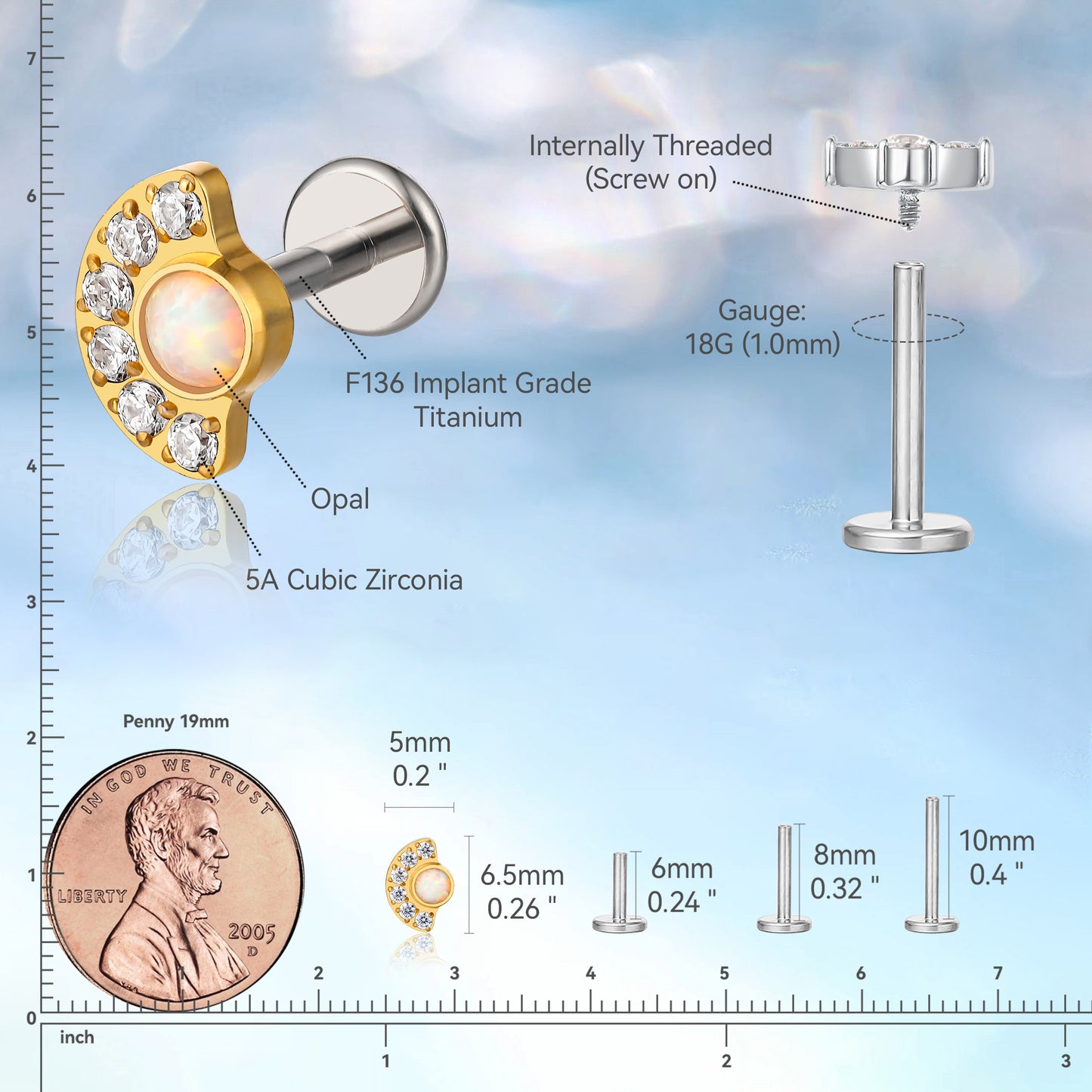 limerencia Pure Titanium F136 Hypoallergenic Piercing Jewelry,Flat Back Internally Threaded Stud Earring 18g for Cartilage/Tragus/Helix/Conch/Nose/Lip (sun moon 1pc)