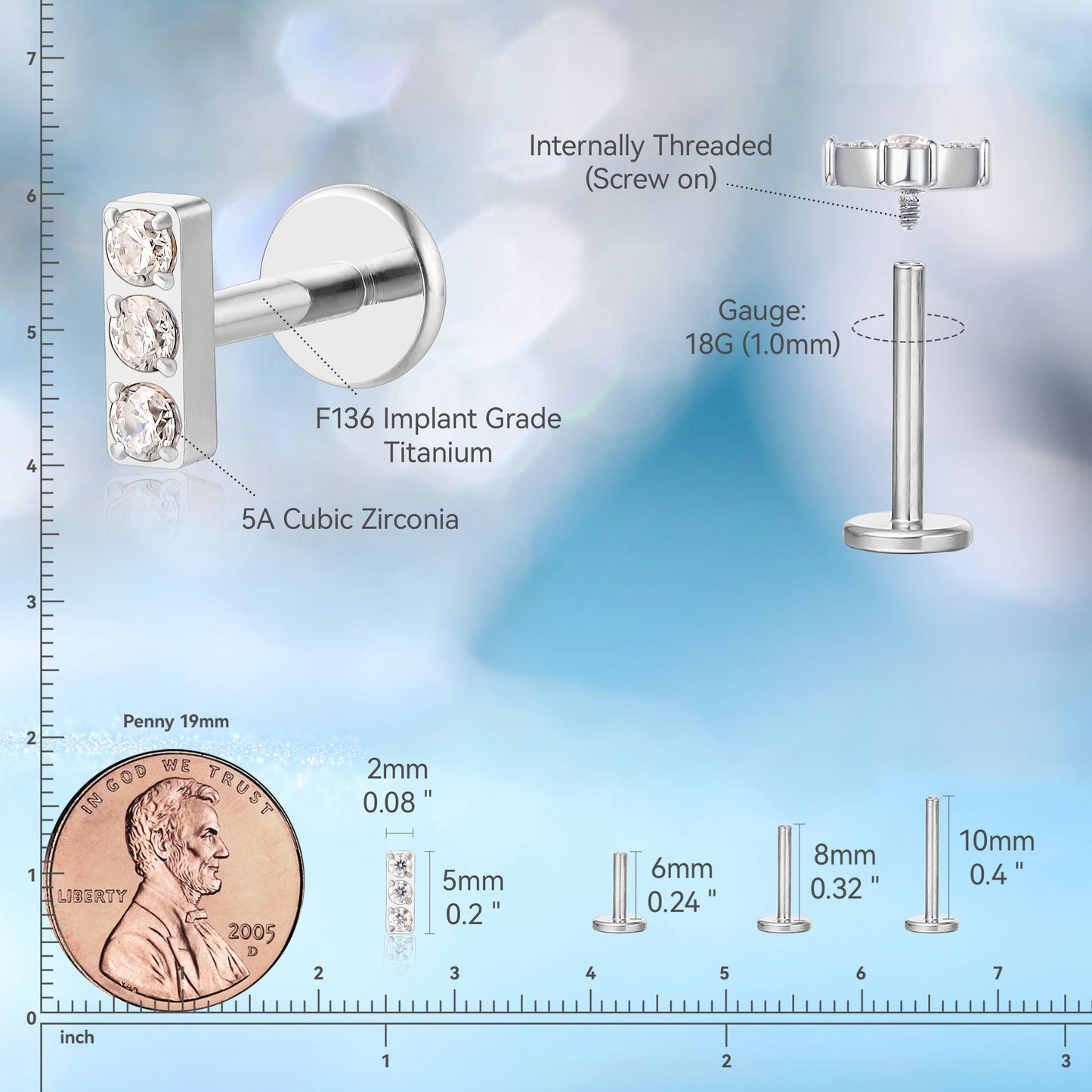 limerencia Hypoallergenic Titanium ASTM F136-18G 6mm 8mm 10mm Flat Back Internal Thread Stud Earring Piercing Jewelry for Tragus Helix Conch Cartilage Nose Lip (CZ 1pc)