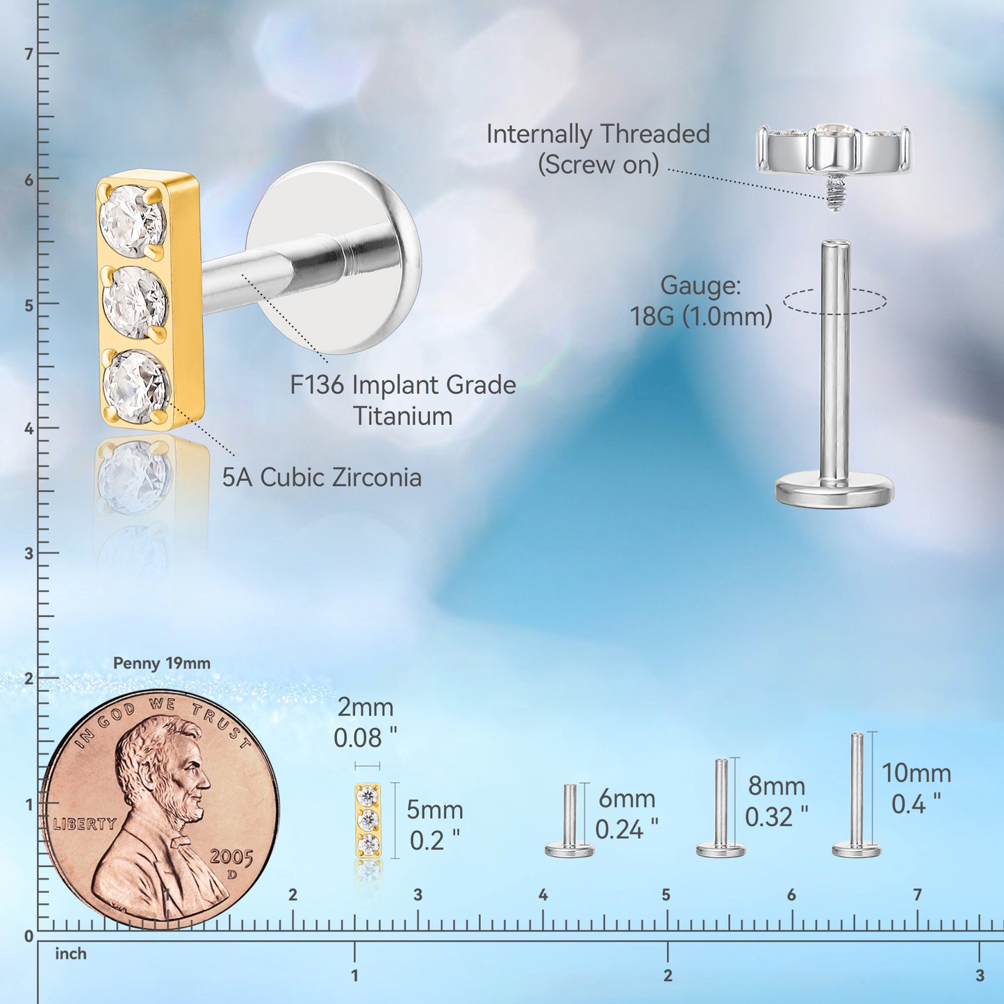 limerencia Hypoallergenic Titanium ASTM F136-18G 6mm 8mm 10mm Flat Back Internal Thread Stud Earring Piercing Jewelry for Tragus Helix Conch Cartilage Nose Lip (CZ 1pc)