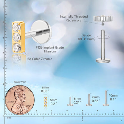 limerencia Hypoallergenic Titanium ASTM F136-18G 6mm 8mm 10mm Flat Back Internal Thread Stud Earring Piercing Jewelry for Tragus Helix Conch Cartilage Nose Lip (CZ 1pc)