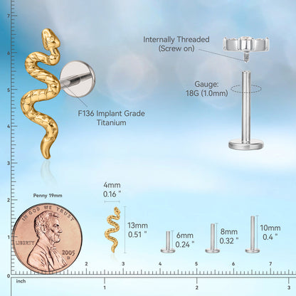 Limerencia Clou piercing motif serpent en titane F136 hypoallergénique grade implantable, dos plat à filetage interne calibre 18G 6mm/8mm/10mm, adapté pour cartilage, tragus, hélix, conque, nez et lèvre (1 pièce)