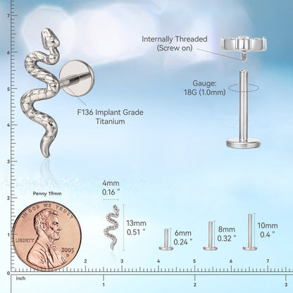 Limerencia Clou piercing motif serpent en titane F136 hypoallergénique grade implantable, dos plat à filetage interne calibre 18G 6mm/8mm/10mm, adapté pour cartilage, tragus, hélix, conque, nez et lèvre (1 pièce)