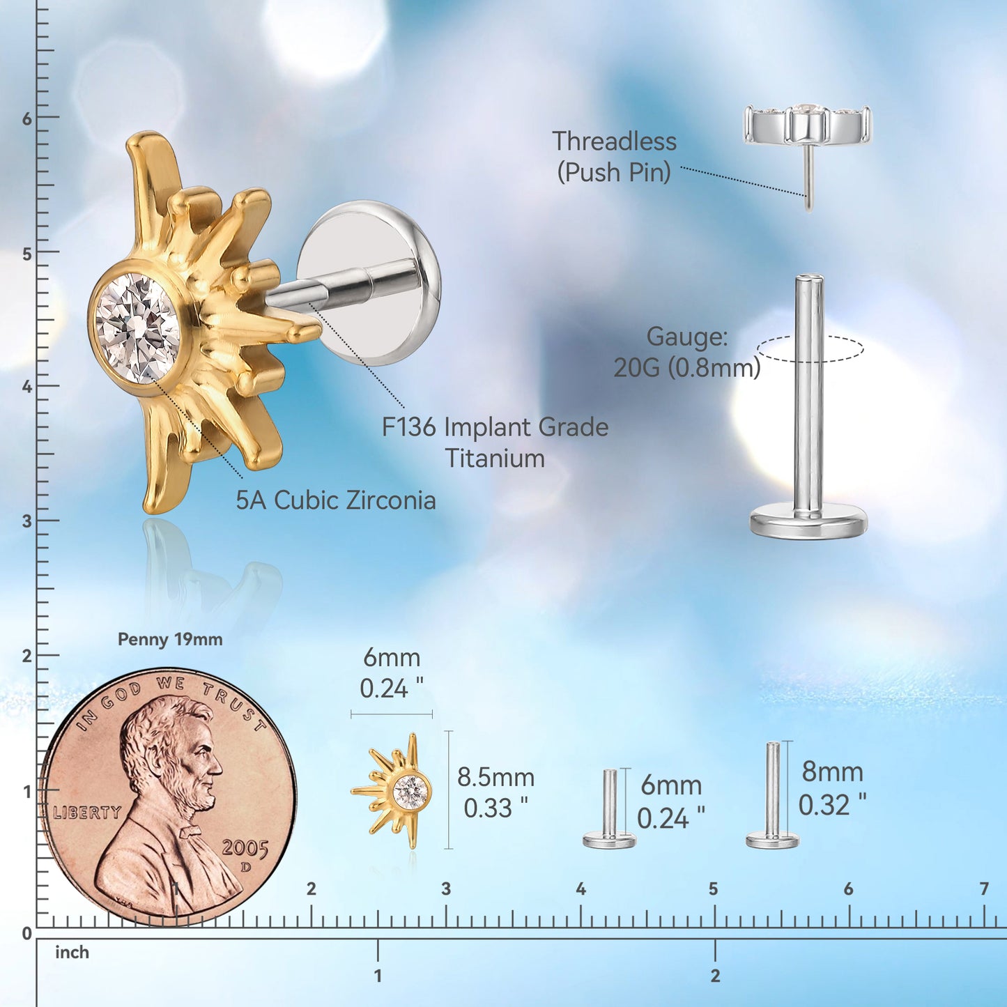 limerencia F136 Hypoallergenic Titanium 20g 6mm 8mm Flat Back Stud | G23 Implant Grade Press Fit Threadless Earrings Push in Tragus Cartilage Helix Conch Nose Medusa Labret Piercing Jewelry(sun 1pc)