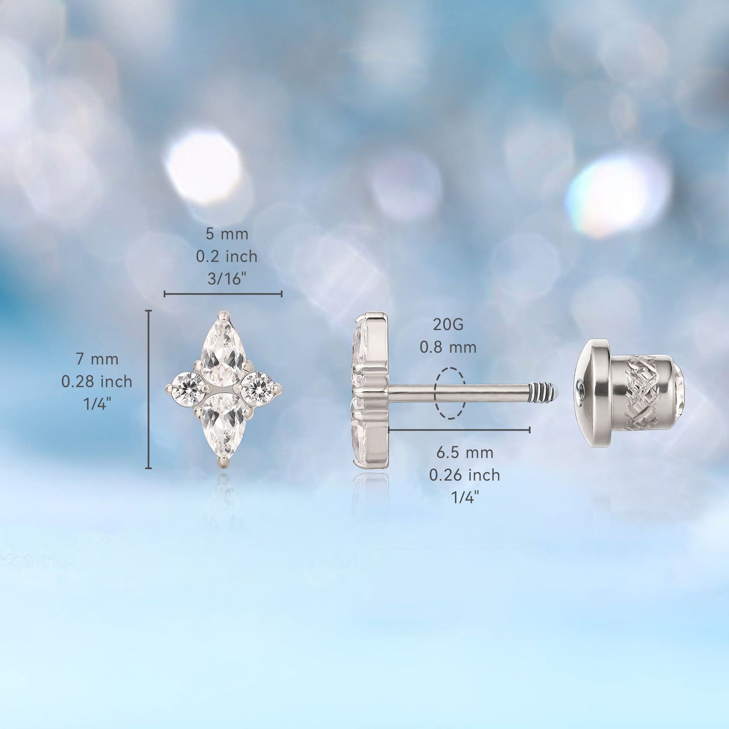 Pendientes de titanio G23 hipoalergénicos Limerencia con rosca posterior para trago, poste de piercing F136 calibre 20 para orejas sensibles, cartílago (cometa)