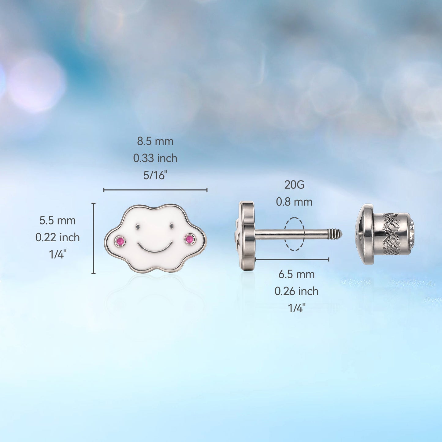 Limerencia Hypoallergenic G23 Implant Grade Titanium Screw Back Earrings Tragus 20G Helix F136 Piercing Post for Sensitive Ears Cartilage(Smiley cloud)