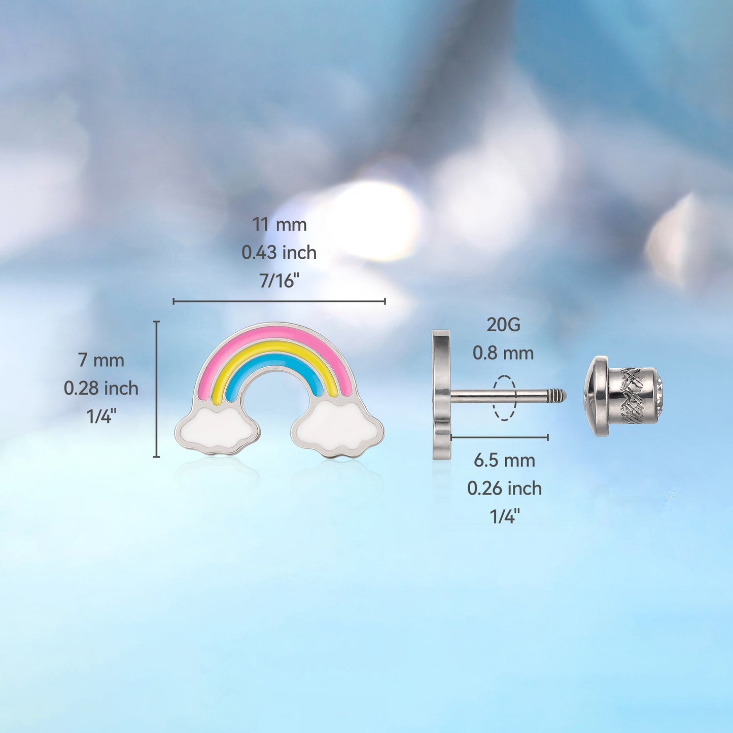 Limerencia Hypoallergenic G23 Implant Grade Titanium Screw Back Earrings Tragus 20G Helix F136 Piercing Post for Sensitive Ears Cartilage(rainbow)