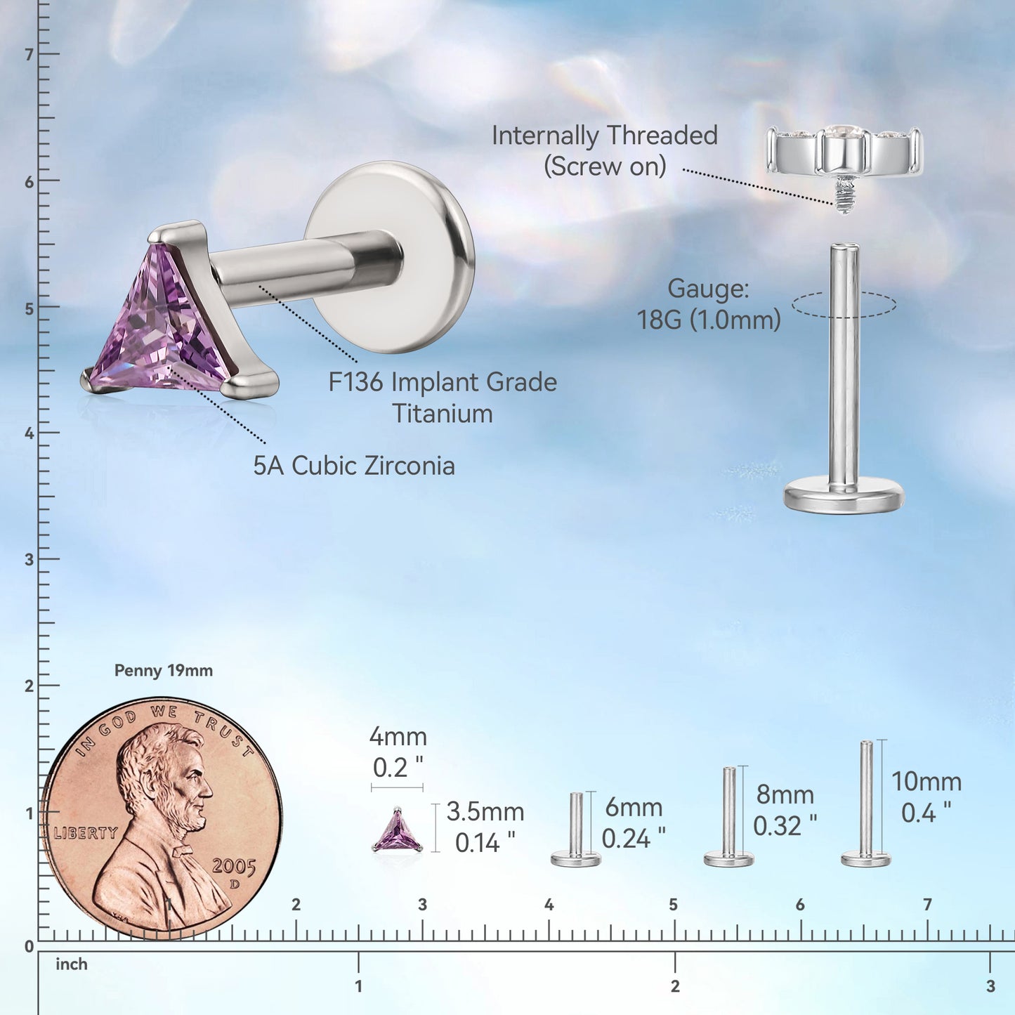 limerencia Hypoallergenic Titanium ASTM F136-18G 6mm 8mm 10mm Flat Back Internal Thread Stud Earring Piercing Jewelry for Tragus Helix Conch Cartilage Nose Lip (triangle 1pc)