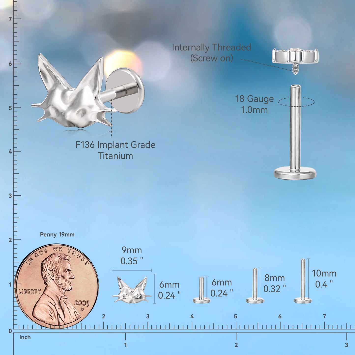 limerencia Hypoallergenic Titanium ASTM F136-18G 6mm 8mm 10mm Flat Back Internal Thread Stud Earring Piercing Jewelry for Tragus Helix Conch Cartilage Nose Lip(1pc)