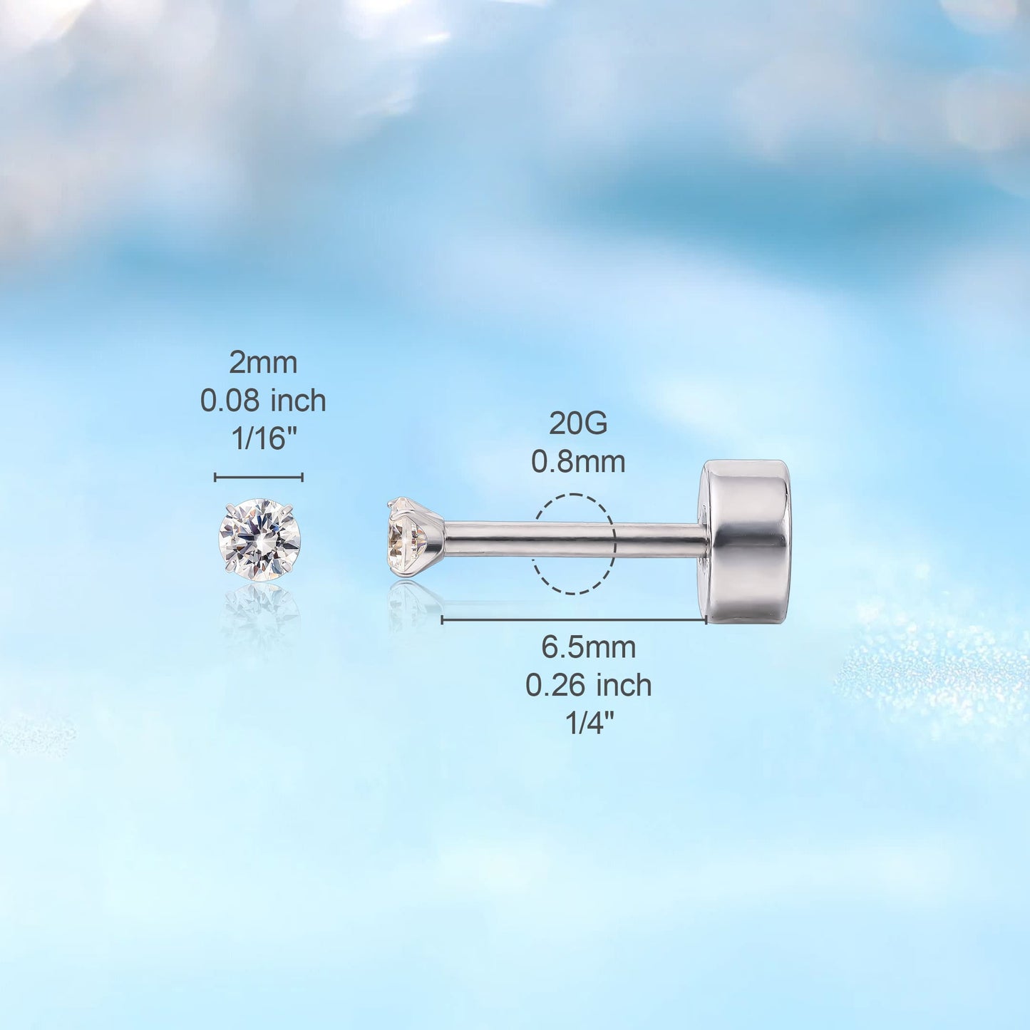 Orecchini a vite in titanio medicale G23 ipoallergenici Limerencia, per piercing trago ed elica spessore 20G, perni F136 adatti a cartilagine e orecchie sensibili (2 mm)
