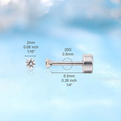 Orecchini a vite in titanio medicale G23 ipoallergenici Limerencia, per piercing trago ed elica spessore 20G, perni F136 adatti a cartilagine e orecchie sensibili (2 mm)