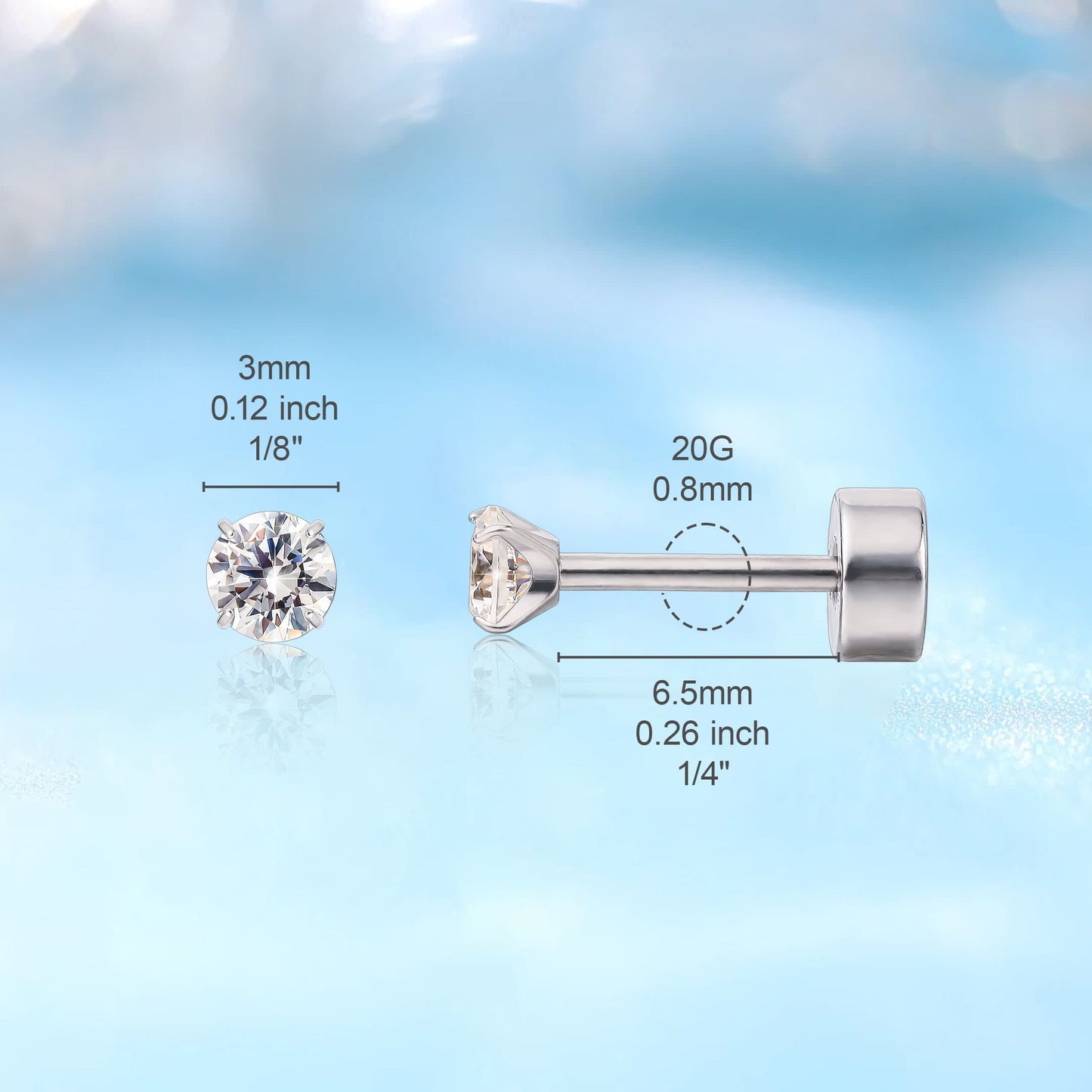 Orecchini a vite in titanio medicale G23 ipoallergenici Limerencia, per piercing trago ed elica spessore 20G, perni F136 adatti a cartilagine e orecchie sensibili (2 mm)
