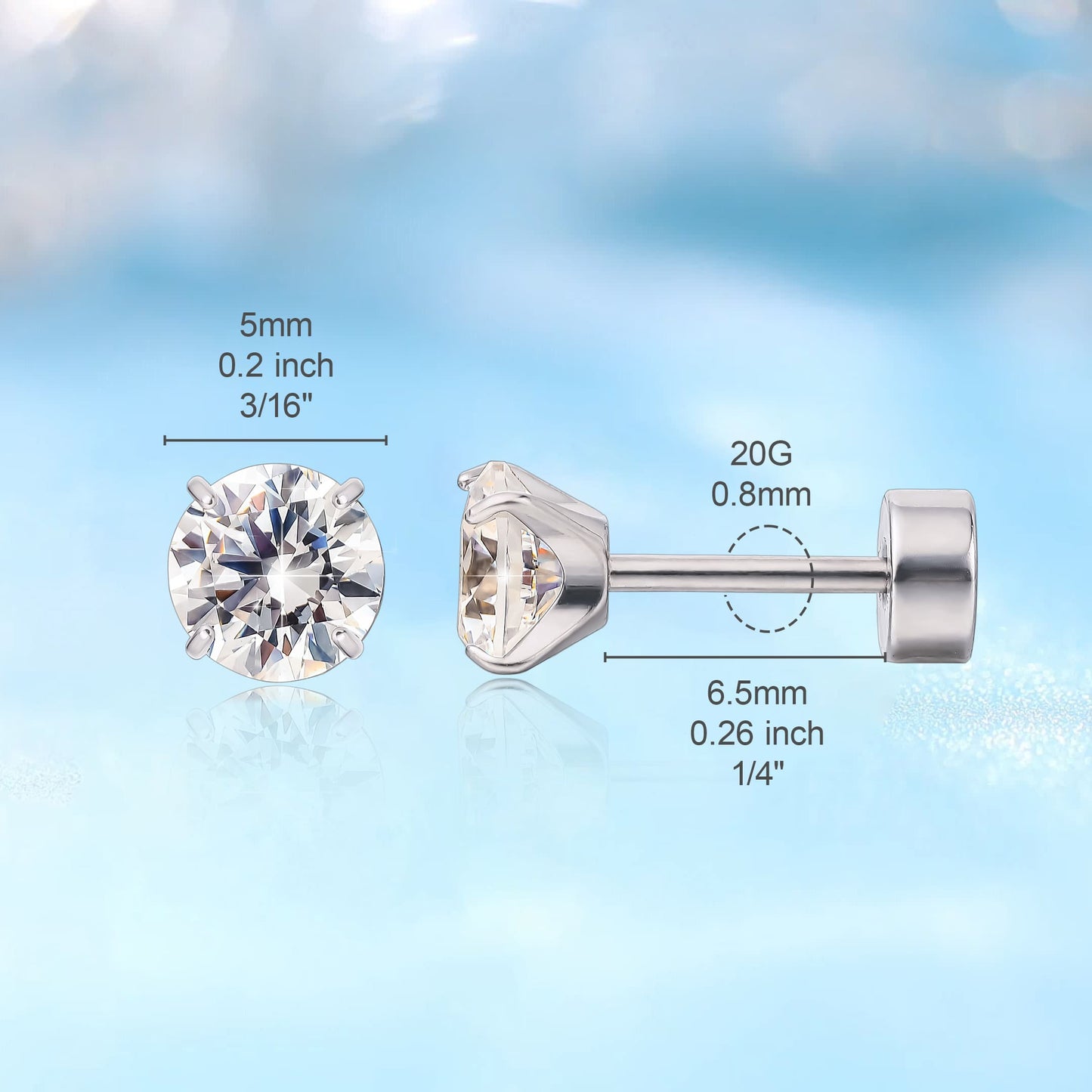 Orecchini a vite in titanio medicale G23 ipoallergenici Limerencia, per piercing trago ed elica spessore 20G, perni F136 adatti a cartilagine e orecchie sensibili (2 mm)