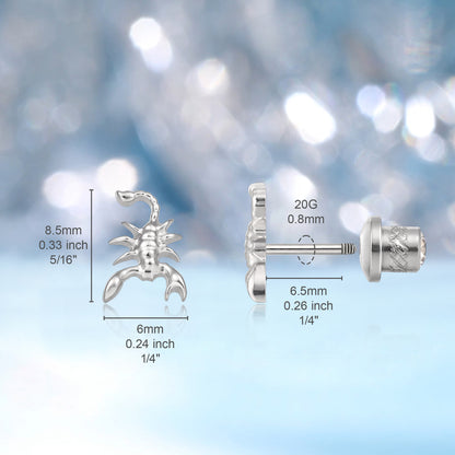 Limerencia Hypoallergenic G23 Implant Grade Titanium Screw Back Earrings Tragus 20G Helix F136 Piercing Post for Sensitive Ears Cartilage (scorpio)