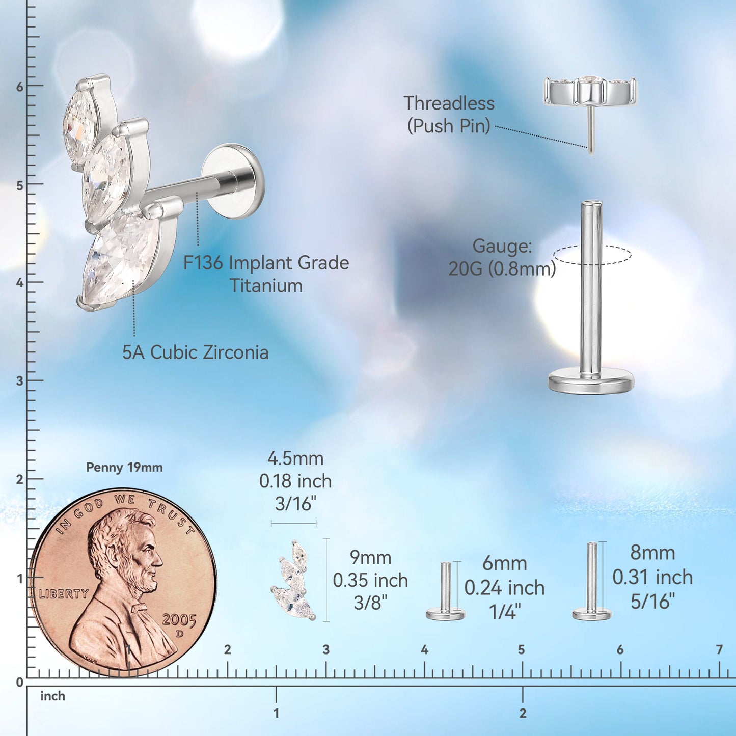 Limerencia Titanium ASTM F136 Threadless Push in Earrings, Hypoallergenic Flat Back 20G 6mm 8mm Body Piercing Cubic Zirconia Studs G23 for Cartilage Helix Tragus Conch Piercing (a pair)